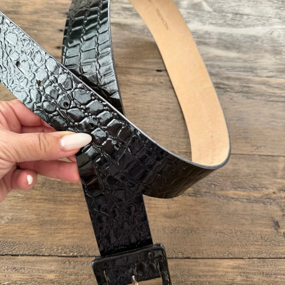 Black Crocodile Embossed Patent Leather Belt Wide Matching Buckle Medium 32
